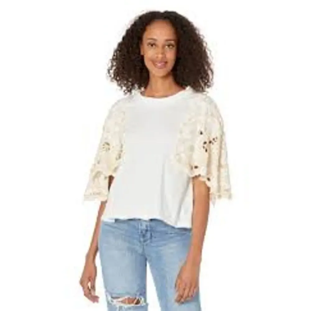 Free People Angel Tee in Ivory, Embroidered Flutter Angelic Sleeves, Sz S, NEW